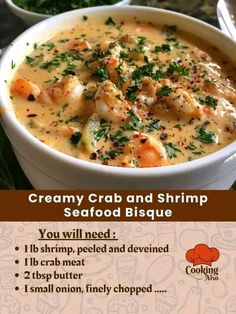 a bowl of creamy crab and shrimp seafood bisque