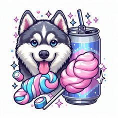 a husky dog holding a lollipop next to a can of soda and candy