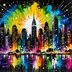 a painting of a city skyline with rainbow paint splatters on the buildings and water