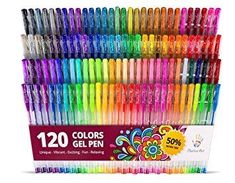 an assortment of colored gel pens in a display box with the words,'120 colors gel