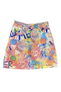 Colorful Acid Graffiti Smile Face Aesthetic Denim Jean Skirt-01 Trendy Summer Cotton Skirt, Trendy Cotton Summer Skirt, Trendy Cotton Skirt For Summer, Spring Multicolor Graphic Print Skirt, Multicolor Graphic Print Skirt For Spring, Trendy Summer Pencil Skirt, Trendy Printed Summer Skirt, Trendy Summer Mini Skirt, Casual Printed Cotton Skirt