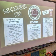 a man standing in front of a projector screen giving a presentation to students about literature