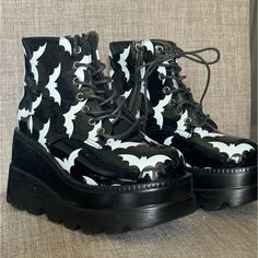 The Perfect Chunky Boot For The Halloween Season And Beyond. Very Cute And Unique. Bat Boots, Pvc Boots, Bat Pattern, Chunky Boots, Halloween Season, Moto Boots, Gamer Girl, Just In Time, Lace Up Boots