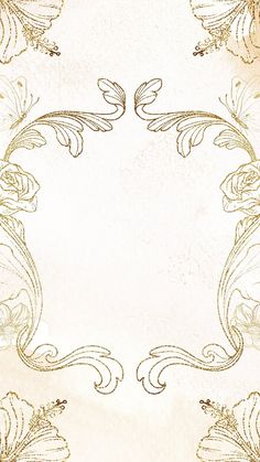 a white and gold background with an ornate design on the bottom right corner, surrounded by swirls and leaves