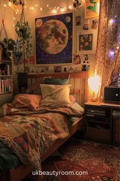 an unmade bed in a bedroom with lots of lights on the wall above it