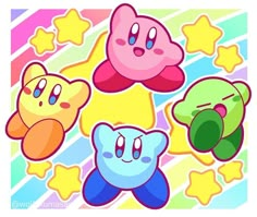 four different colored stars with faces and eyes in the shape of cartoon characters on them