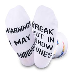 two white socks with words on them that say,'i break out in may show end