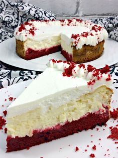 two slices of red velvet cake with white frosting