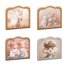 four framed pictures of children's animals and flowers