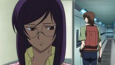 an anime character with purple hair and glasses looking at the camera while standing in a hallway