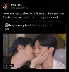 two people kissing each other with text on the screen above them that reads, i never go to sleep on attywtt close your eyes for six hours and wake up to real