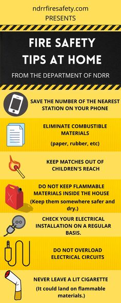 fire safety tips at home from the department of ndrr info graphic on yellow background