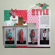 a scrapbook page with pictures of children dressed in christmas pajamas and matching santa's sleighs