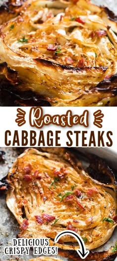 grilled cabbage steaks in a cast iron skillet with text overlay that reads roasted cabbage steaks