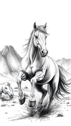 a black and white drawing of a horse running in the desert with another horse behind it