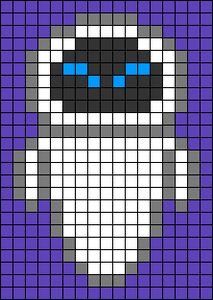 an image of a pixellated character with blue eyes and black head, on a purple background