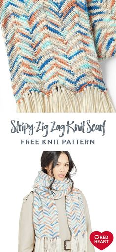 a woman wearing a scarf with the text, simply zig zag knit scarf free knitting