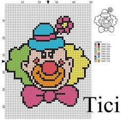 a cross stitch pattern with a clown wearing a hat and bow tie on it's head