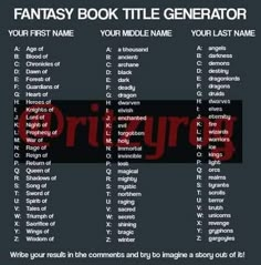 the fantasy book title generator is shown in red and black, with words below it