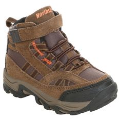 a child's brown hiking boot with orange accents on the upper and side straps