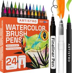 the watercolor brush pens are next to an orange box with 24 different colored pencils