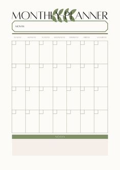 a printable calendar for the month planner with green leaves on it and white background