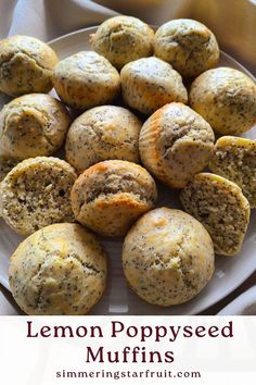 lemon poppy seed muffins on a white plate with text overlay that reads, lemon poppy seed muffins