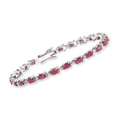 Ross-Simons - 9.45ct t. w. Ruby Bracelet, Diamond Accents in Silver. 8.25". An RS exclusive. Fabulously affordable and full of color, this robust gemstone bracelet showcases 9.45 ct. t. w. oval rubies and diamond accents in polished sterling silver. Double-latch safety. Box clasp, ruby bracelet. Ruby birthstones are the perfect gift for July birthdays. Safety Box, Ruby Birthstone, Ruby Bracelet, Box Clasp, Ruby Stone, Fine Jewelry Bracelets, Red Stone, Stone Cuts, Diamond Bracelets