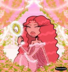 an animated image of a woman with long red hair, wearing a pink dress and holding a magnifying glass in front of her face