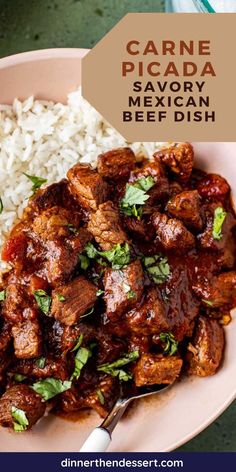 a pink plate topped with rice and meat