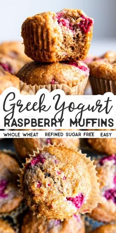 greek yogurt raspberry muffins stacked on top of each other