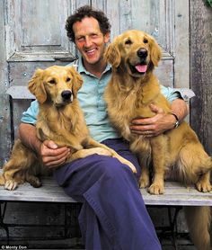 a man sitting on a bench with three dogs in front of him and smiling at the camera