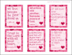 four pink cards with hearts and words on them