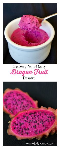 dragon fruit dessert is shown in two pictures