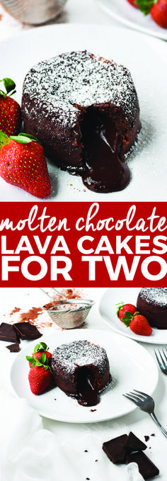 chocolate lava cakes for two with strawberries on the plate and in the foreground