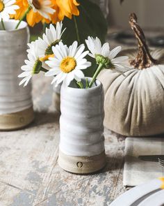 three white vases with yellow and white flowers in them on a table next to pumpkins