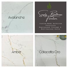 four different types of marbles with the names and numbers on them, including calacatta oro