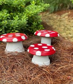 two red and white mushrooms sitting on top of hay in front of some bushes with green leaves