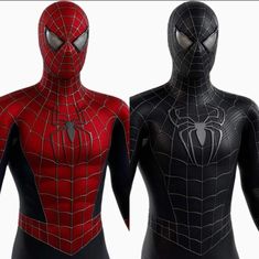 two black and red spider - man costumes are shown in front of each other, one with