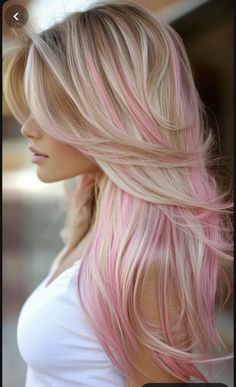 Blonde Hair With Some Pink, Cowgirl Hair Color Ideas, White Blonde Hair With Pink Highlights, Subtle Pink Highlights Blondes, Fall Blonde Hair Ideas, Colored Highlights For Blondes, Blonde With Hot Pink, Blonde Hair With Pink Streaks, Hair Dye Ideas For Blondes