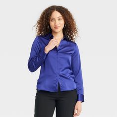 Upgrade your top collection with this Long-Sleeve Button-Down Satin Shirt from A New Day™. The button-down shirt is crafted from lightweight satin fabric to take you from day to night with effortless ease. It sports a collared neckline with a button-down front, buttoned long sleeves and a front placket for a smart look that's perfect for a variety of occasions. Pair it with just about any pair of pants for an array of outfit options. A New Day™: Style that goes wherever you do. Satin Button Down Shirt, Outfit Options, Satin Shirt, Hem Style, Top Collection, Boyfriend Fit, Linen Women, Pair Of Pants, A New Day