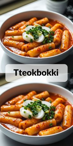 two white bowls filled with food on top of a table