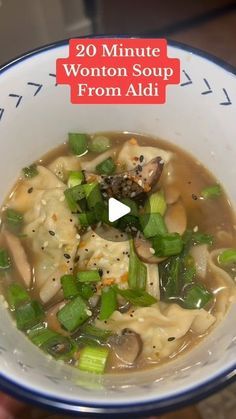 a person holding a bowl of soup with broccoli and mushrooms in it that reads 20 minute wonton soup from aid