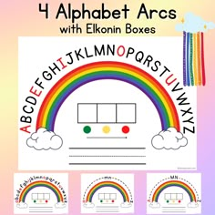 four alphabets with rainbows and clouds in the background, including one for each letter