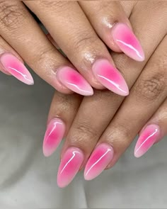 IG: nailsbyaleeshah Pink Nails Airbrush, Pink Almond Nails, Acrylic Nails Almond Shape, Cute Simple Nails, School Nails, Summery Nails, Almond Acrylic Nails, Simple Acrylic Nails, Unique Acrylic Nails