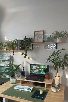 a desk with a laptop computer on top of it next to potted plants and books