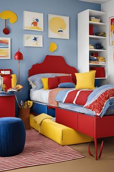 a bedroom with blue walls, red bedding and yellow accents on the headboard