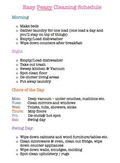 an easy cleaning schedule is shown in this image