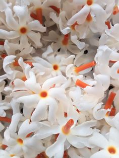 white flowers with orange centers are in the middle of a pile or smaller pieces of paper