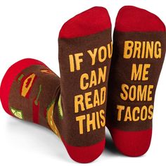 Fabric Type 85% Combed Cotton / 10% Spandex / 5% Elastic Care Instructions Machine Wash Pattern Letter Print About This Item One Size Fits Most: Fits Most Men Us Size 6-13 Feet And Most Women Us Size 7 And Up. A Spicy White Elephant Gift: These Taco Themed Socks For Men And Women Are The Perfect Stocking Stuffer Gift For Men And Women With A Playful Personality Who Are Appreciative Of A Good Gag Gift. Customers Who’ve Bought These Socks For Gift Swaps Rave About How Many People Fight Over Them! Gifts For Teenage Guys, Meat Gifts, Novelty Gifts For Men, Food Socks, Mens Novelty Socks, Teenage Guys, Stocking Stuffers For Men, Christmas Gifts For Couples, Socks For Men